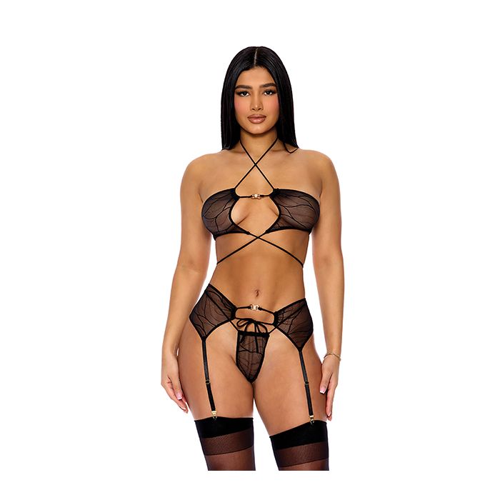 pull my strings mesh halterneck bra w/garter & panty black pull my strings mesh halterneck bra w/garter & panty black